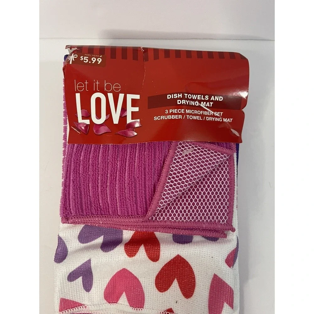 Dish Towels and Drying Mat 3 Piece Set Valentines w/Hearts